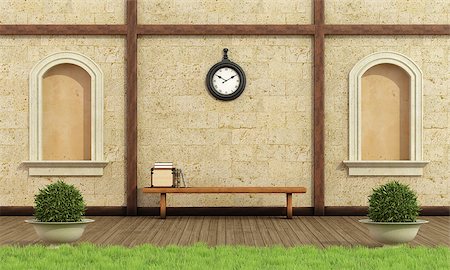 simsearch:400-08554639,k - Classic garden with two niche,stone wall and wooden bench with books - 3D Rendering Stock Photo - Budget Royalty-Free & Subscription, Code: 400-08075190