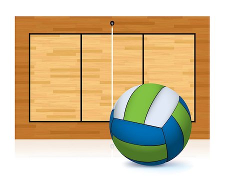 An illustration of a blue and green volleyball isolated on a white floor with a volleyball court in the background. Vector EPS 10 available. EPS contains transparencies and a gradient mesh. Stock Photo - Budget Royalty-Free & Subscription, Code: 400-08075295