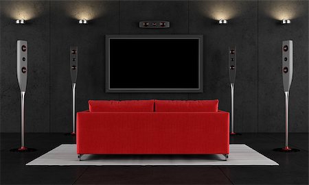 Contemporary home cinema with red sofa - 3D Rendering Photographie de stock - Aubaine LD & Abonnement, Code: 400-08075524