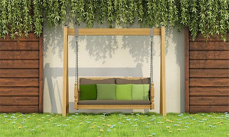 simsearch:400-08554639,k - Wooden swing with green cushions in a garden - 3D rendering Stock Photo - Budget Royalty-Free & Subscription, Code: 400-08075523