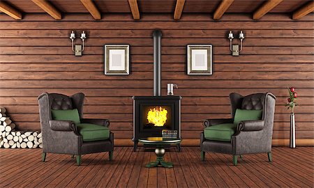 simsearch:400-08554639,k - Living room of a wooden house with cast iron fireplace and two leather armchair - 3D Rendering Stock Photo - Budget Royalty-Free & Subscription, Code: 400-08075718