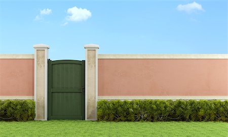 pilaster - Elegant garden with pedestrian gate closed  - 3D rendering Stockbilder - Microstock & Abonnement, Bildnummer: 400-08075710