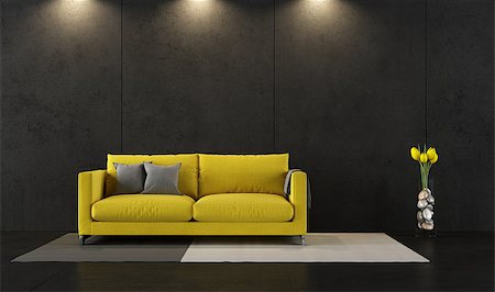 Black living room with contemporary yellow sofa - 3D Rendering Stockbilder - Microstock & Abonnement, Bildnummer: 400-08075712