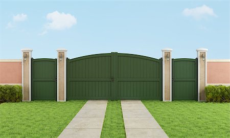 simsearch:400-08554639,k - Garden with  vehicular and pedestrian gate - 3D Rendering Stock Photo - Budget Royalty-Free & Subscription, Code: 400-08075859