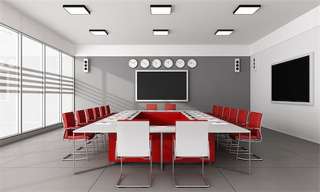 Contemporary  board room with large meeting table and red chairs - 3D Rendering Stock Photo - Budget Royalty-Free & Subscription, Code: 400-08075862