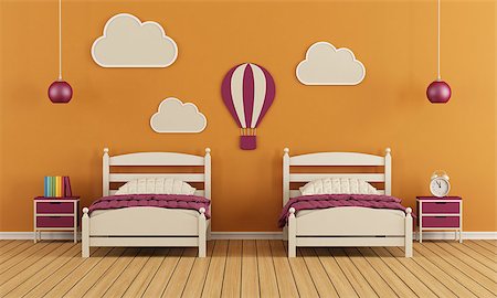 Children's bedroom with two single beds and decoration on orange wall - 3D Rendering Photographie de stock - Aubaine LD & Abonnement, Code: 400-08075863