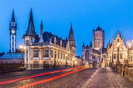 simsearch:400-08012513,k - Picturesque medieval buildings around Korenmarkt square ( Saint Nicholas' Church, The Celtic Towers,... ) overlooking the Leie river in Ghent town, Belgium, Europe. Stock Photo - Budget Royalty-Free & Subscription, Code: 400-08075955
