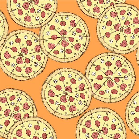 simsearch:400-08071070,k - Sketch tasty pizza in vintage style, vector seamless pattern Foto de stock - Super Valor sin royalties y Suscripción, Código: 400-08075976
