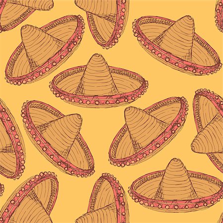 simsearch:400-08071070,k - Sketch mexican sombrero in vintage style, vector seamless pattern Photographie de stock - Aubaine LD & Abonnement, Code: 400-08075981