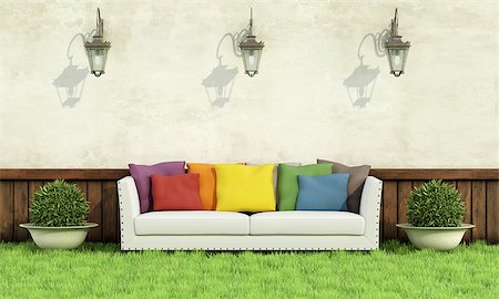simsearch:400-08554639,k - Garden with classic sofa with colorful cushion  on grass - 3D Rendering Stock Photo - Budget Royalty-Free & Subscription, Code: 400-08076001