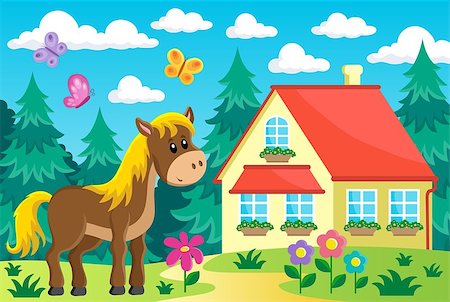 simsearch:400-08053244,k - Horse in garden near house - eps10 vector illustration. Photographie de stock - Aubaine LD & Abonnement, Code: 400-08076073