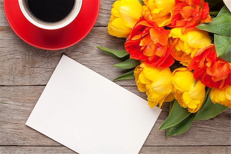 simsearch:400-07662543,k - Colorful tulips bouquet, blank greeting card and coffee cup on wooden table Stock Photo - Budget Royalty-Free & Subscription, Code: 400-08076143