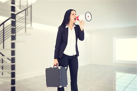 person on winding stairs - Pretty businesswoman shouting with megaphone against digitally generated room with winding stairs Stock Photo - Budget Royalty-Free & Subscription, Code: 400-08076558