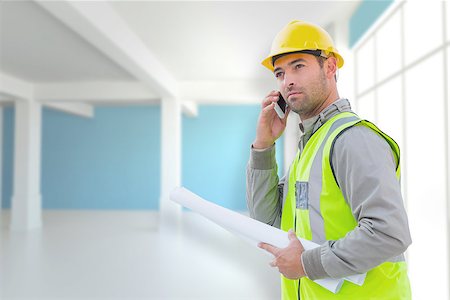 Architect on the phone against modern blue and white room Stock Photo - Budget Royalty-Free & Subscription, Code: 400-08077098