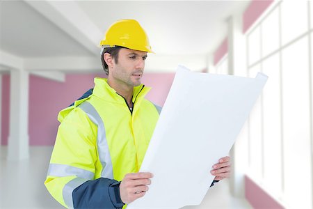 simsearch:400-08077010,k - Architect analyzing blueprint over white background against modern white and pink room with window Foto de stock - Super Valor sin royalties y Suscripción, Código: 400-08077104