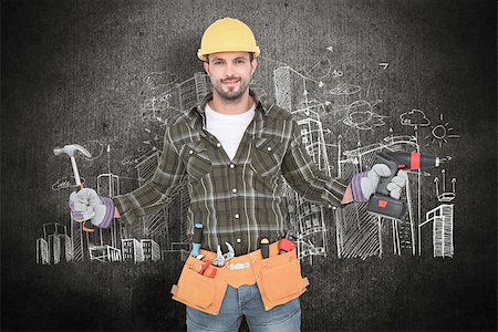 service construction - handyman wearing tool belt  against hand drawn city plan Stock Photo - Budget Royalty-Free & Subscription, Code: 400-08077304