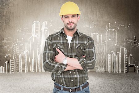 service construction - handyman smiling against hand drawn city plan Stock Photo - Budget Royalty-Free & Subscription, Code: 400-08077338