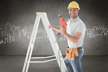 service construction - Handyman on ladder against hand drawn city plan Stock Photo - Budget Royalty-Free & Subscription, Code: 400-08077350