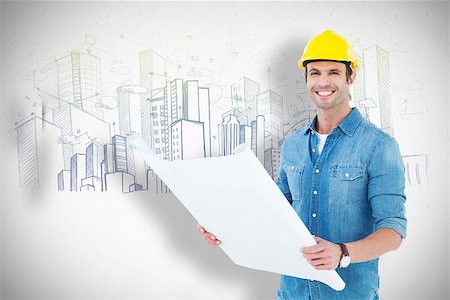 simsearch:400-08077010,k - Happy architect holding blueprint in house against grey Foto de stock - Super Valor sin royalties y Suscripción, Código: 400-08077397