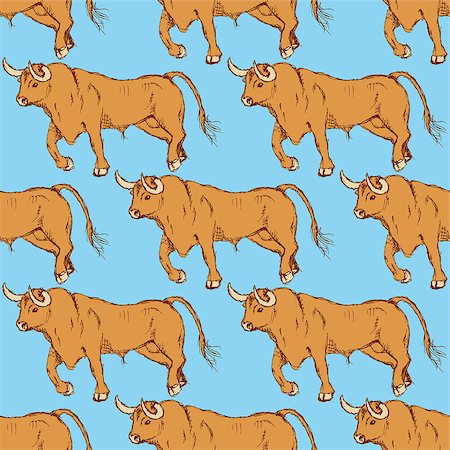 Sketch angry bull in vintage style, vector seamless pattern Stock Photo - Budget Royalty-Free & Subscription, Code: 400-08077635