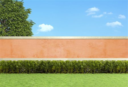 simsearch:400-08554639,k - Empty garden with hedges against orange wall - 3D Rendering Stock Photo - Budget Royalty-Free & Subscription, Code: 400-08077656