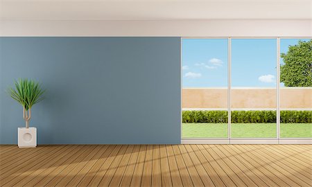 simsearch:400-07797413,k - Empty living room with blue wall and large windows - 3D Rendering Foto de stock - Royalty-Free Super Valor e Assinatura, Número: 400-08077659