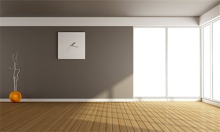 simsearch:400-06797947,k - Empty living room with large windows and wooden floor -3D Rendering Stock Photo - Budget Royalty-Free & Subscription, Code: 400-08078053