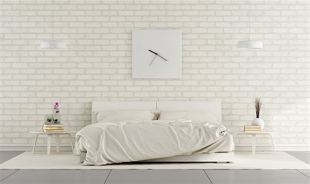 simsearch:400-07796866,k - Minimalist white bedroom with double bed and brick wall - 3D Rendering Stock Photo - Budget Royalty-Free & Subscription, Code: 400-08078060