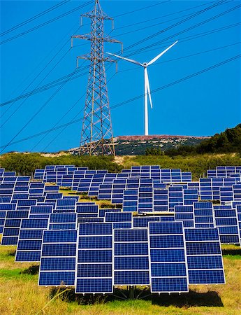 simsearch:693-03312761,k - Wind turbines, solar panels and high voltage electricity towers Stock Photo - Budget Royalty-Free & Subscription, Code: 400-08070226