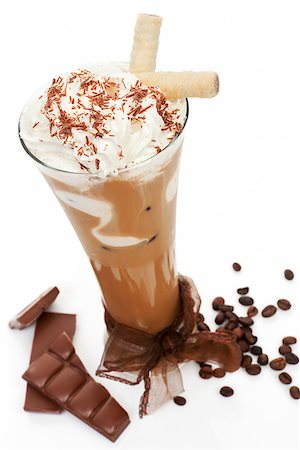 simsearch:400-07678720,k - Luxurious delicious iced coffee with foam with chocolate and coffee beans isolated on white. Cool summer drink concept. Stock Photo - Budget Royalty-Free & Subscription, Code: 400-08070572