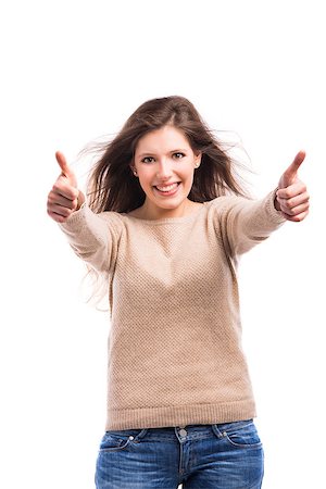 simsearch:400-06769983,k - Beautiful and happy young woman with thumbs up, isolated over white background Foto de stock - Royalty-Free Super Valor e Assinatura, Número: 400-08070623