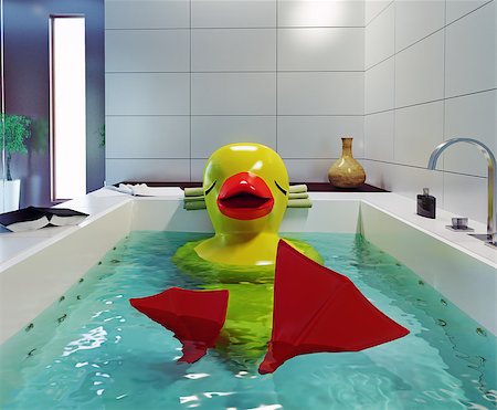 the big rubber duck relaxing in the bathroom. 3d creative concept Stock Photo - Budget Royalty-Free & Subscription, Code: 400-08070825