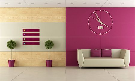 furniture for hotel lobby - Modern waiting room with sofa and big clock on purple panels - 3D Rendering Stock Photo - Budget Royalty-Free & Subscription, Code: 400-08071145