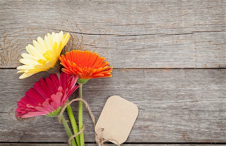 simsearch:400-07662543,k - Three colorful gerbera flowers with tag on wooden table Stock Photo - Budget Royalty-Free & Subscription, Code: 400-08071430
