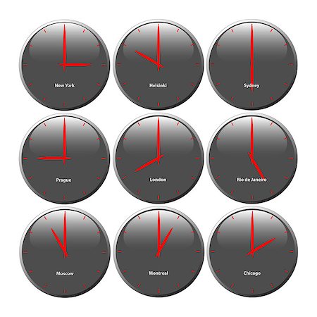 Grey clocks with glossy area showing world time, the red pointer Photographie de stock - Aubaine LD & Abonnement, Code: 400-08071776