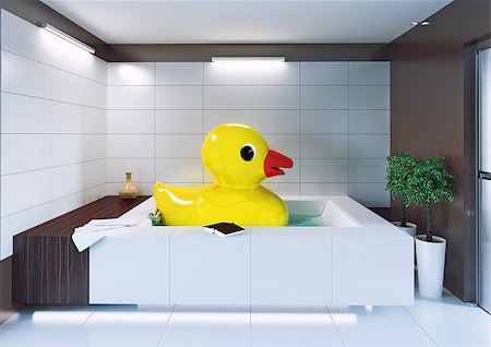the big rubber duck relaxing in the bathroom. 3d creative concept Stock Photo - Budget Royalty-Free & Subscription, Code: 400-08071996