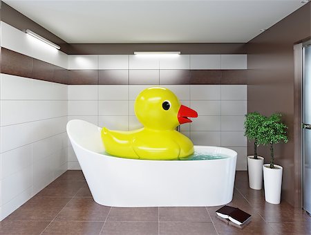the big rubber duck relaxing in the bathroom. 3d creative concept Stock Photo - Budget Royalty-Free & Subscription, Code: 400-08071997