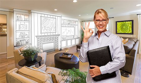 feverpitched (artist) - Happy Woman with Okay Sign Over Custom Living Room and Design Drawing. Stock Photo - Budget Royalty-Free & Subscription, Code: 400-08072176