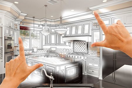 simsearch:400-08254335,k - Female Hands Framing Custom Kitchen Design Drawing and Photo Combination. Fotografie stock - Microstock e Abbonamento, Codice: 400-08072181