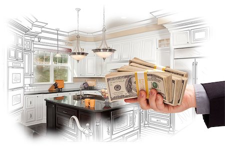 simsearch:400-08254335,k - Hand Holding Stacks of Money Over Custom Kitchen Design Drawing and Photo Combination. Fotografie stock - Microstock e Abbonamento, Codice: 400-08072182