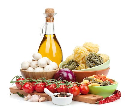 simsearch:400-04348087,k - Fresh ingredients for cooking: pasta, tomato, mushroom and spices. Isolated on white background Stock Photo - Budget Royalty-Free & Subscription, Code: 400-08072742