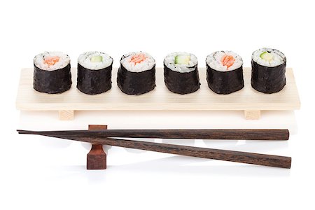 simsearch:400-08072780,k - Sushi maki with salmon and cucumber. Isolated on white background Photographie de stock - Aubaine LD & Abonnement, Code: 400-08072782