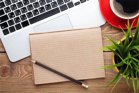 evgenius (artist) - Office desk table with computer, supplies, coffee cup and flower. Top view with copy space Foto de stock - Super Valor sin royalties y Suscripción, Código: 400-08072831