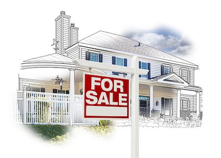 simsearch:400-08772366,k - Custom House and For Sale Real Estate Sign Drawing and Photo Combination on White. Stock Photo - Budget Royalty-Free & Subscription, Code: 400-08073058