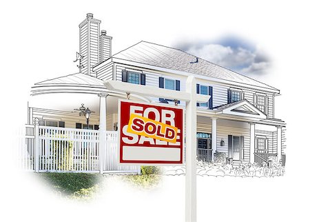 simsearch:400-08254335,k - Custom House and Sold Real Estate Sign Drawing and Photo Combination on White. Fotografie stock - Microstock e Abbonamento, Codice: 400-08073060