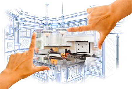 simsearch:400-08254335,k - Female Hands Framing Custom Kitchen Design Drawing and Photo Combination. Fotografie stock - Microstock e Abbonamento, Codice: 400-08073061