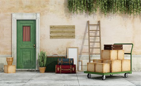 Exterior of an old house, with  cart full of boxes, suitcases, ready for the move - 3D Rendering Stock Photo - Budget Royalty-Free & Subscription, Code: 400-08073133