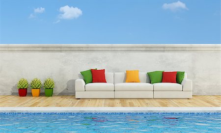 simsearch:400-08554639,k - White sofa with colorful pillows near a swimming pool- 3D Rendering Stock Photo - Budget Royalty-Free & Subscription, Code: 400-08073756