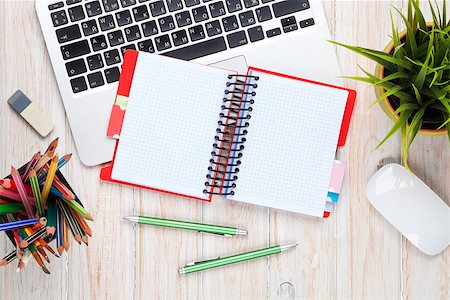 simsearch:400-07465112,k - Office desk table with computer, supplies and flower. Top view with copy space Stock Photo - Budget Royalty-Free & Subscription, Code: 400-08073905