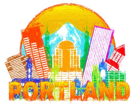 simsearch:400-07509093,k - Portland Oregon Outline Silhouette with City Skyline Downtown Circle Color Text Isolated on White Background Impressionist Illustration Stock Photo - Budget Royalty-Free & Subscription, Code: 400-08094357